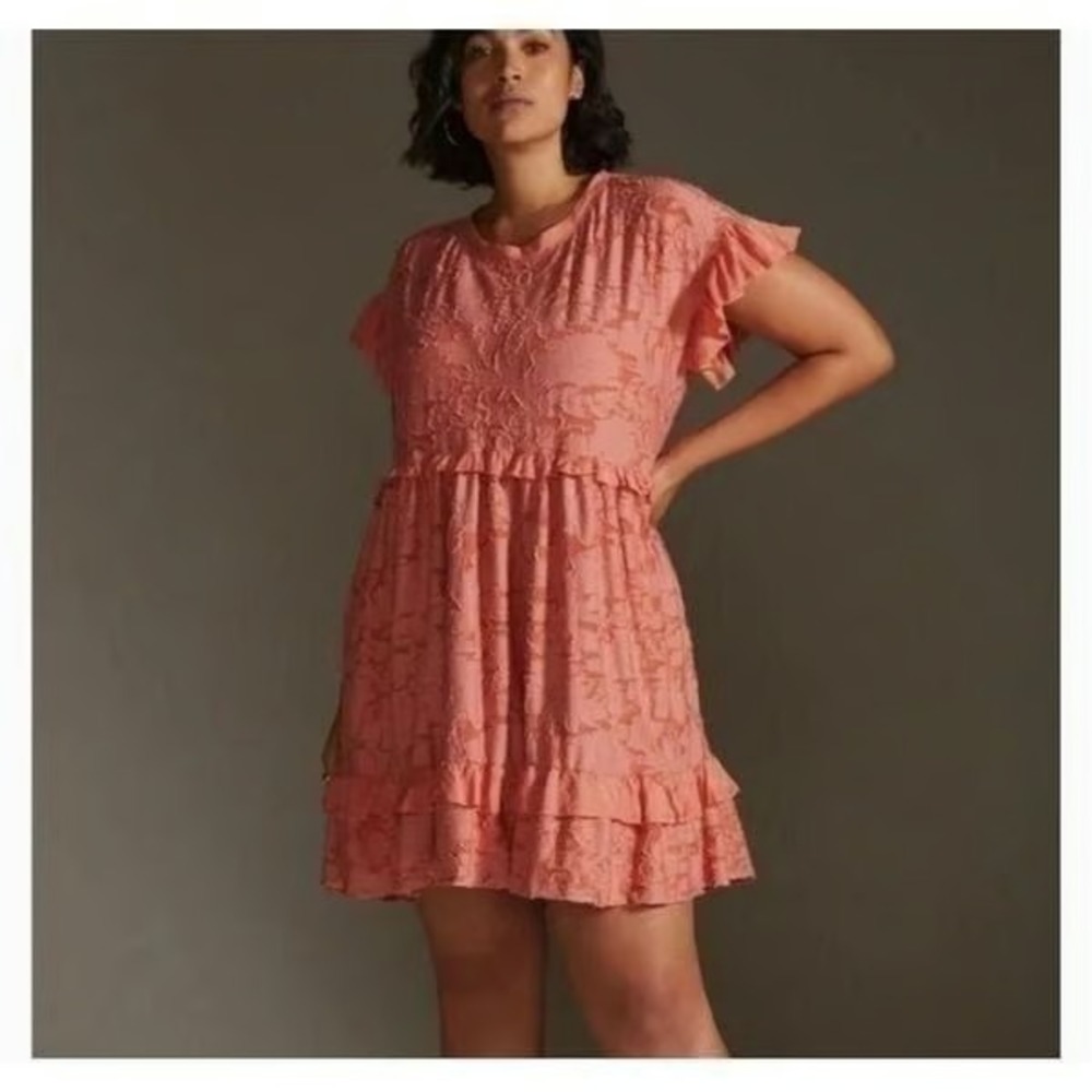 Anthropologie  Women's Coral Pink Textured Jacquard Dress Sz XL Short Sleeve‎
